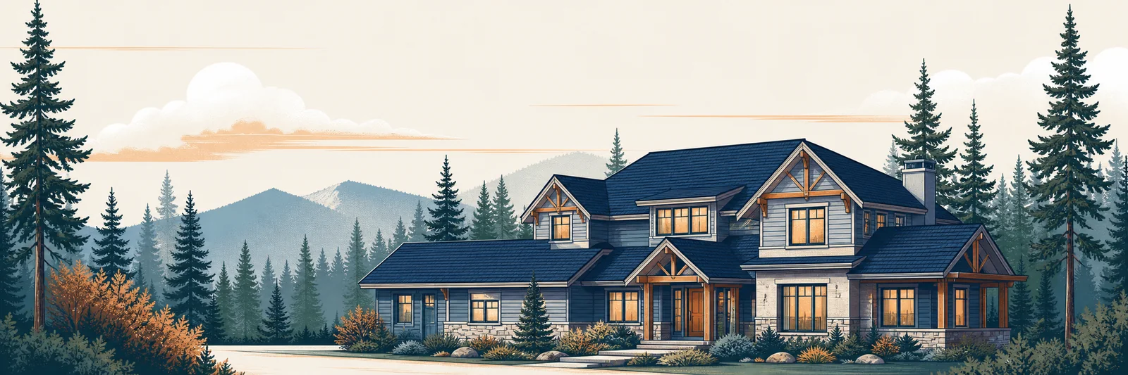 Illustration of a North Idaho home protected beneath a finished roof and surrounding evergreens
